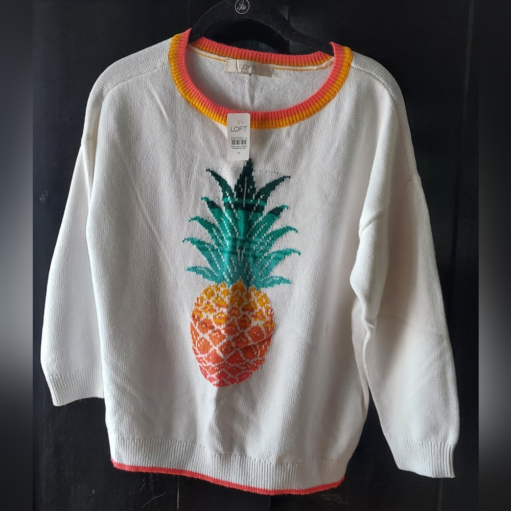 LOFT White Sweater with Vibrant Pineapple Motif
